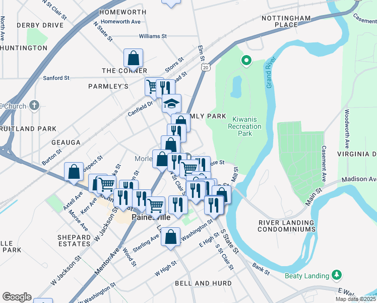 map of restaurants, bars, coffee shops, grocery stores, and more near in Painesville