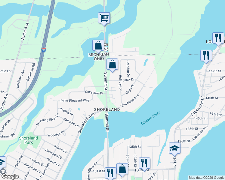 map of restaurants, bars, coffee shops, grocery stores, and more near 6049 Holliday Drive in Toledo