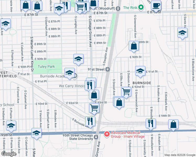 map of restaurants, bars, coffee shops, grocery stores, and more near 9132 South Dauphin Avenue in Chicago
