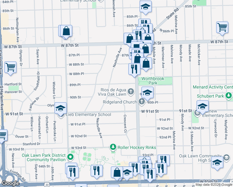 map of restaurants, bars, coffee shops, grocery stores, and more near 6530 Crescent Court in Oak Lawn