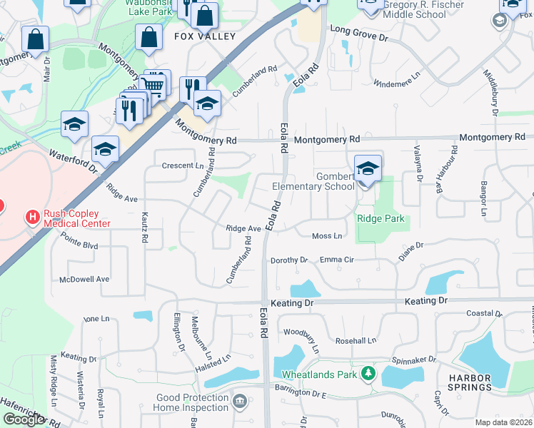 map of restaurants, bars, coffee shops, grocery stores, and more near 2509 Brook Lane in Aurora
