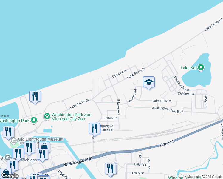 map of restaurants, bars, coffee shops, grocery stores, and more near 333 Lake Shore Drive in Michigan City