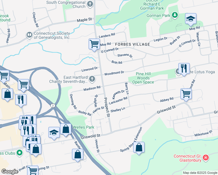 map of restaurants, bars, coffee shops, grocery stores, and more near 18 Long Hill Drive in Glastonbury