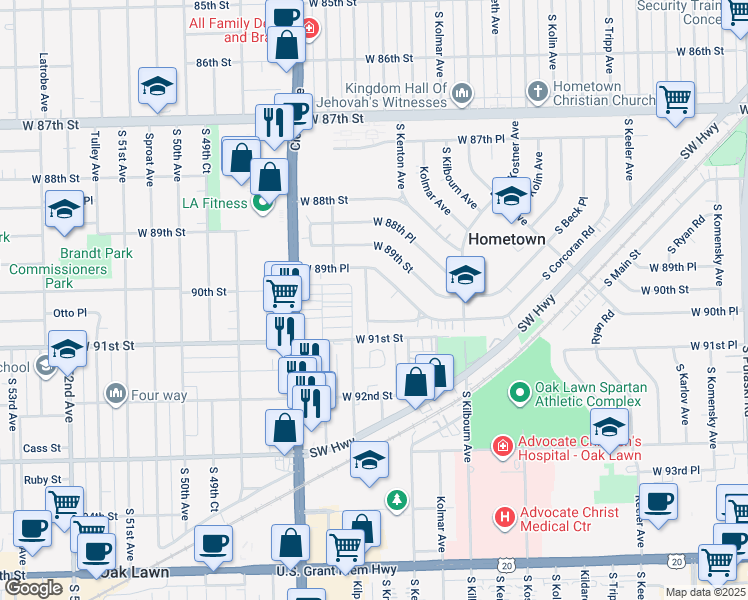 map of restaurants, bars, coffee shops, grocery stores, and more near 9021 South Knox Avenue in Hometown