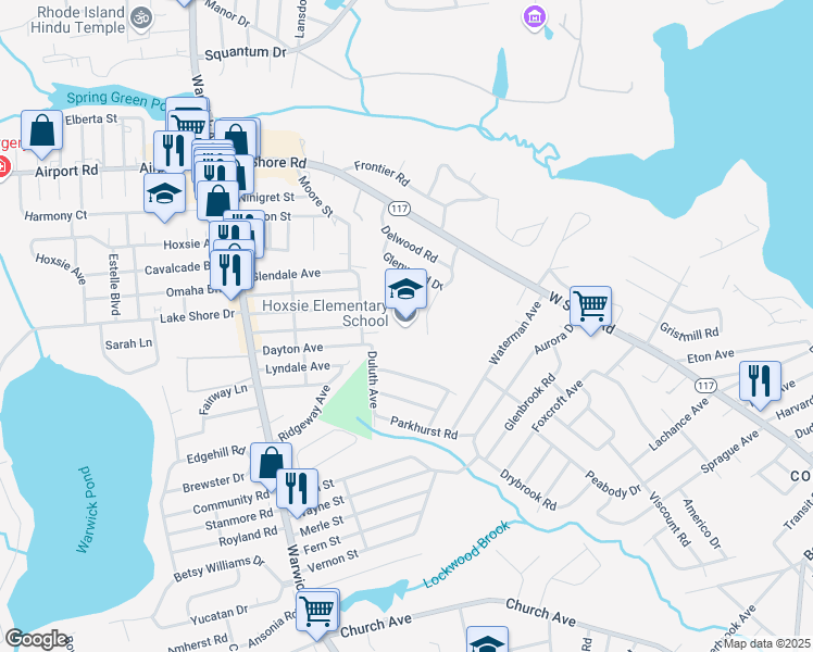 map of restaurants, bars, coffee shops, grocery stores, and more near 55 Glenwood Drive in Warwick