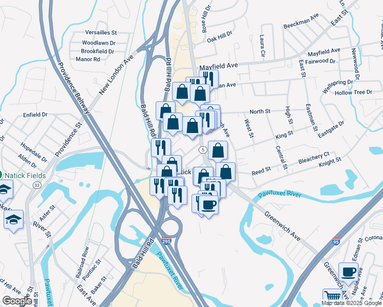 map of restaurants, bars, coffee shops, grocery stores, and more near 100 Greble Street in Warwick