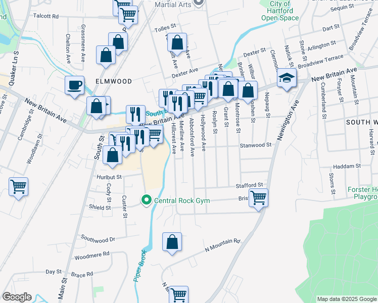 map of restaurants, bars, coffee shops, grocery stores, and more near 74 Abbotsford Avenue in West Hartford