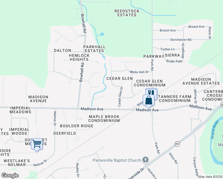 map of restaurants, bars, coffee shops, grocery stores, and more near 21 Big Rock Drive in Painesville