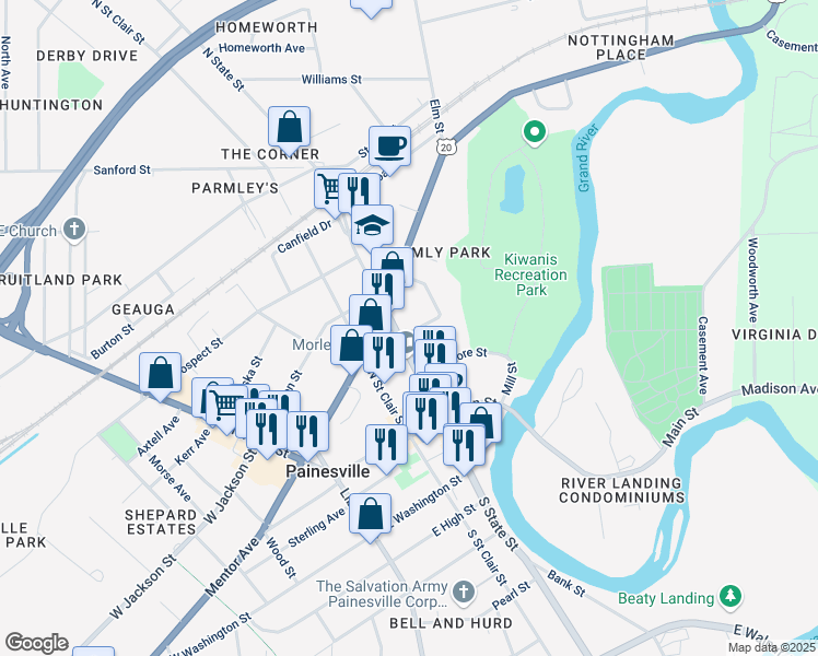 map of restaurants, bars, coffee shops, grocery stores, and more near in Painesville
