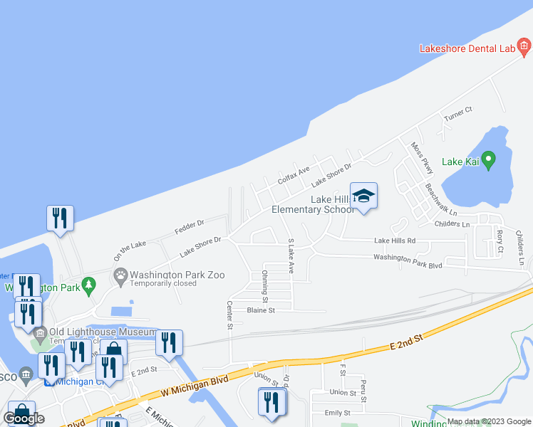 map of restaurants, bars, coffee shops, grocery stores, and more near 333 Lake Shore Drive in Michigan City