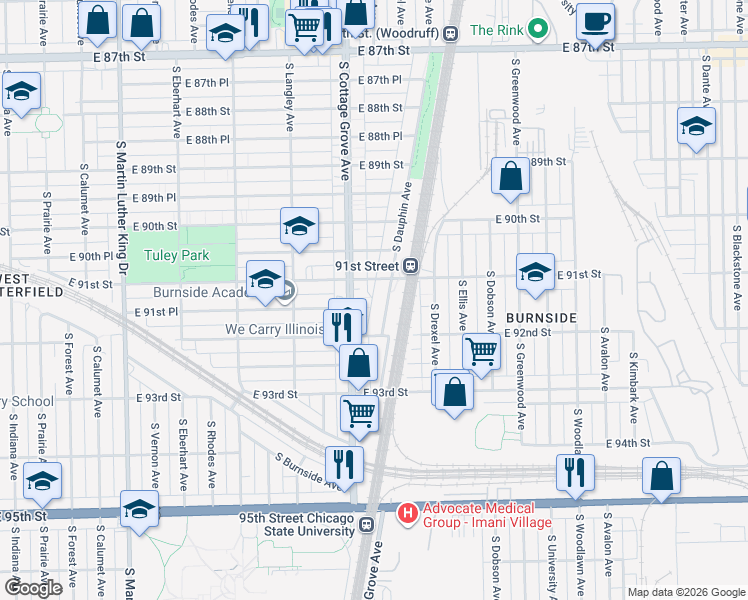 map of restaurants, bars, coffee shops, grocery stores, and more near 9132 South Dauphin Avenue in Chicago