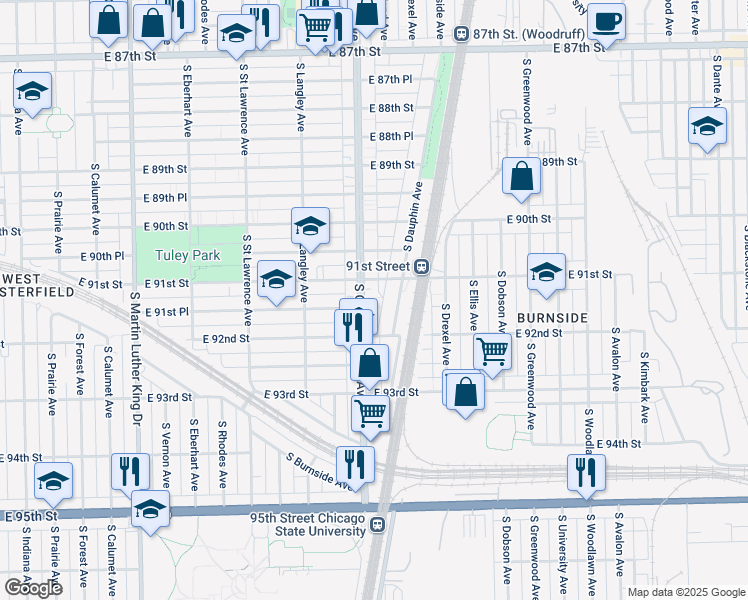 map of restaurants, bars, coffee shops, grocery stores, and more near 9121 South Cottage Grove Avenue in Chicago