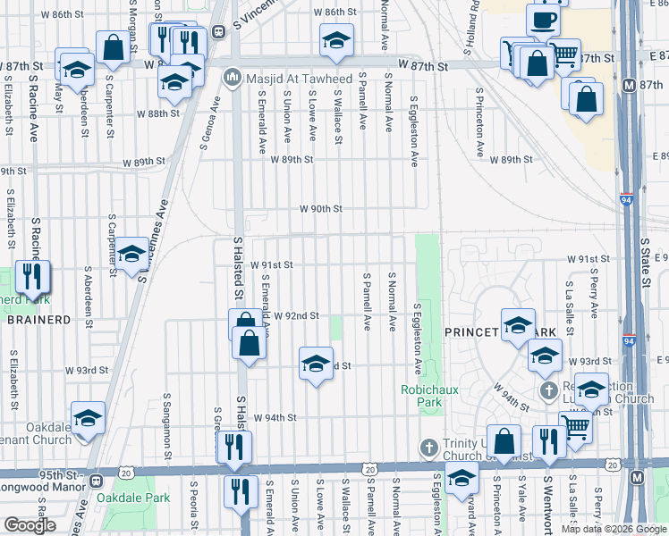 map of restaurants, bars, coffee shops, grocery stores, and more near 9106 South Wallace Street in Chicago