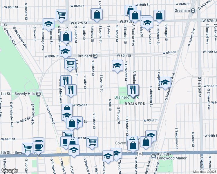 map of restaurants, bars, coffee shops, grocery stores, and more near 9100 South Ada Street in Chicago