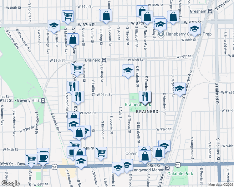 map of restaurants, bars, coffee shops, grocery stores, and more near 9100 South Ada Street in Chicago