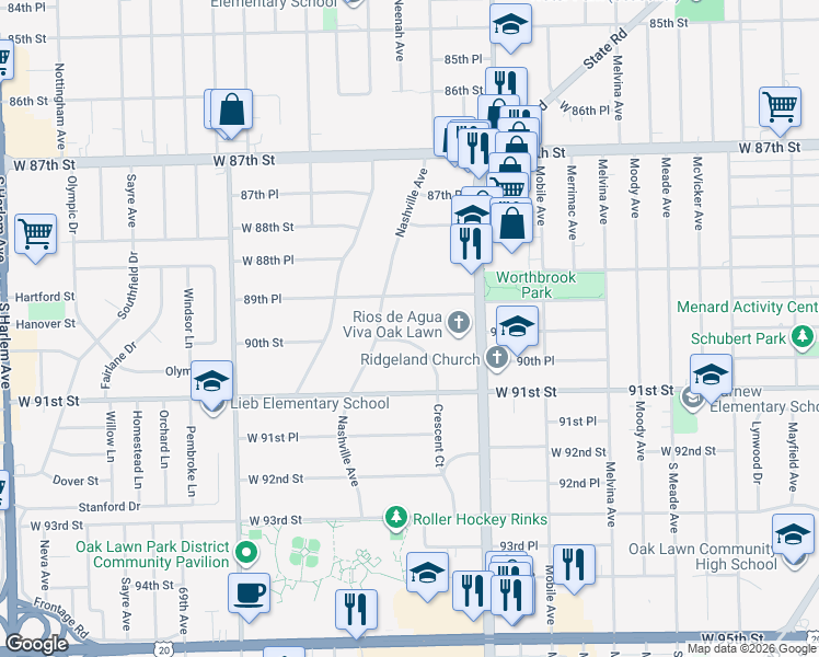 map of restaurants, bars, coffee shops, grocery stores, and more near 6530 Crescent Court in Oak Lawn