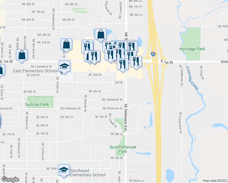 map of restaurants, bars, coffee shops, grocery stores, and more near 933 Southeast 4th Street in Ankeny
