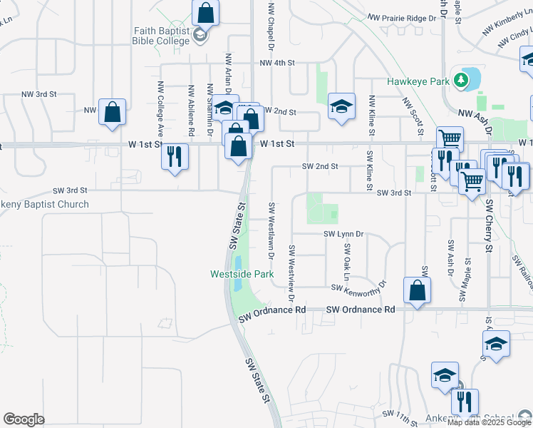 map of restaurants, bars, coffee shops, grocery stores, and more near 1516 Southwest 4th Street in Ankeny