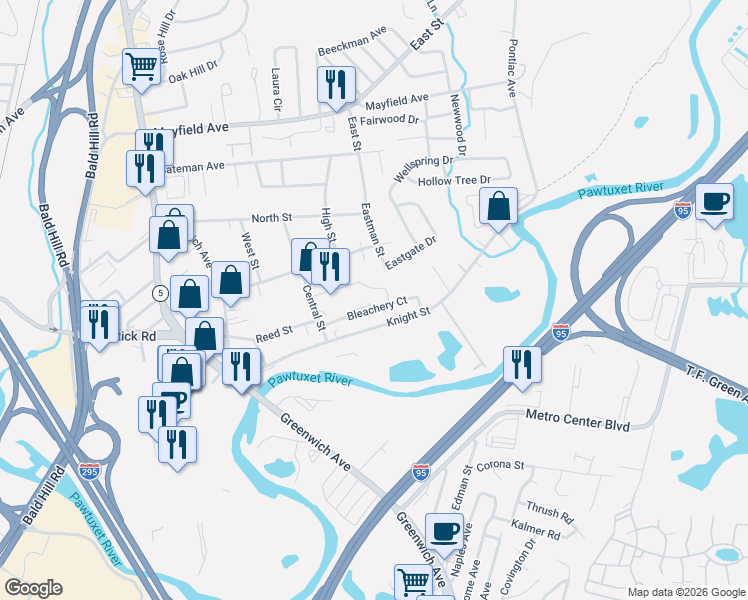 map of restaurants, bars, coffee shops, grocery stores, and more near 63 Bleachery Court in Warwick