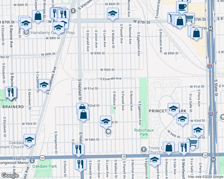 map of restaurants, bars, coffee shops, grocery stores, and more near 9106 South Wallace Street in Chicago