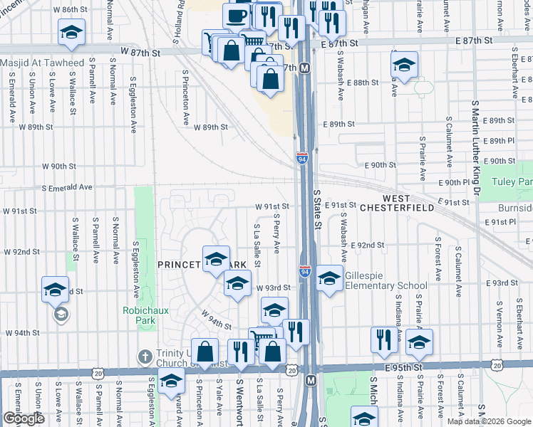 map of restaurants, bars, coffee shops, grocery stores, and more near 114 West 91st Place in Chicago