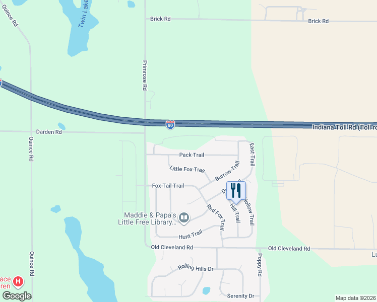 map of restaurants, bars, coffee shops, grocery stores, and more near 25795 Pack Trail in South Bend