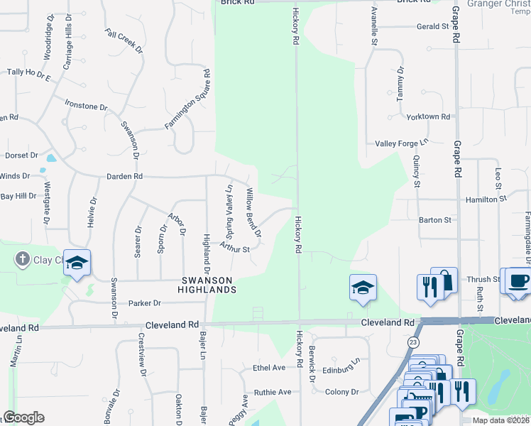 map of restaurants, bars, coffee shops, grocery stores, and more near 17000-17198 Springwood Drive in Granger