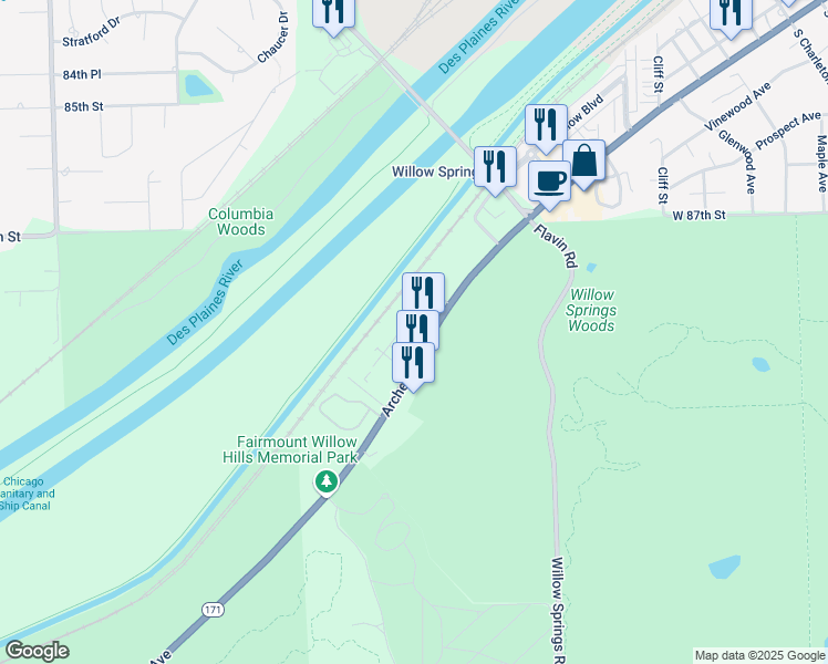 map of restaurants, bars, coffee shops, grocery stores, and more near 8900 Archer Avenue in Willow Springs