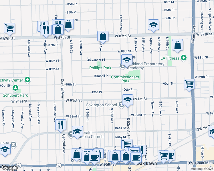 map of restaurants, bars, coffee shops, grocery stores, and more near 5315 West 90th Street in Oak Lawn