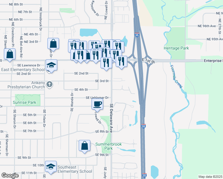 map of restaurants, bars, coffee shops, grocery stores, and more near 411 Southeast Delaware Avenue in Ankeny