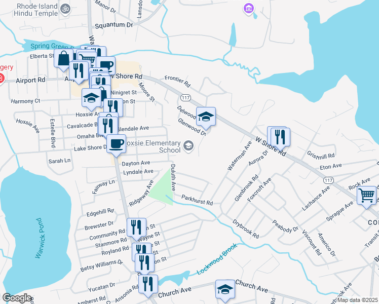 map of restaurants, bars, coffee shops, grocery stores, and more near 55 Glenwood Drive in Warwick