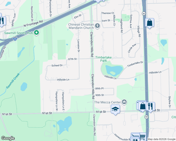 map of restaurants, bars, coffee shops, grocery stores, and more near 10S106 Clarendon Hills Road in Willowbrook