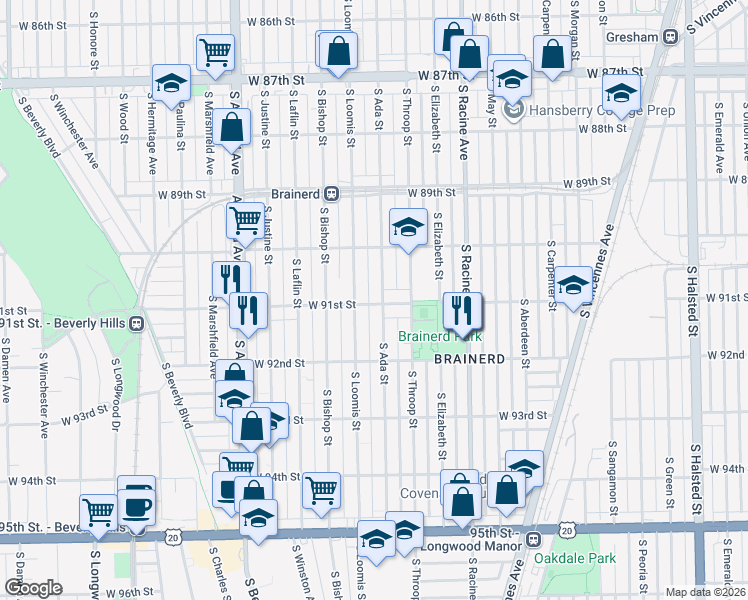 map of restaurants, bars, coffee shops, grocery stores, and more near 9100 South Ada Street in Chicago