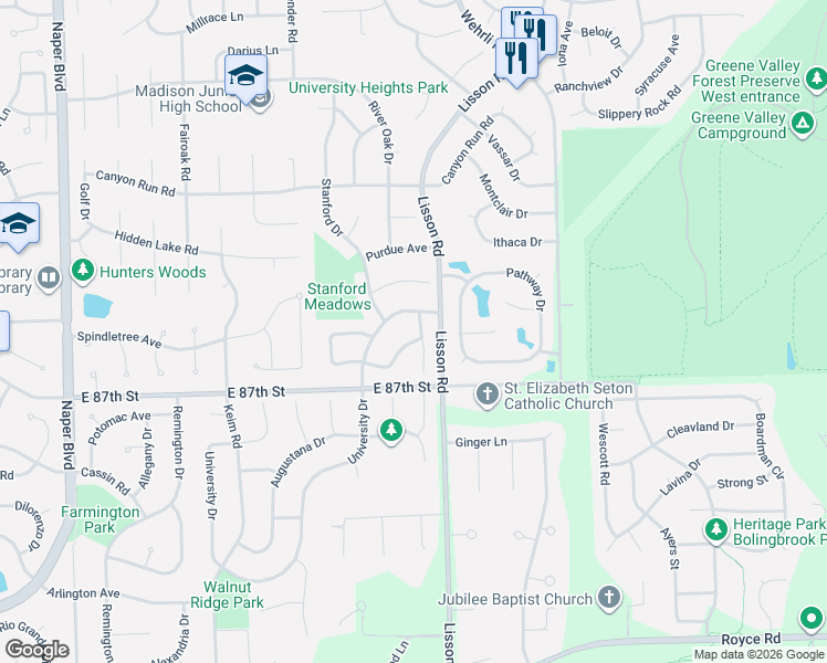 map of restaurants, bars, coffee shops, grocery stores, and more near 1437 Carleton Circle in Naperville