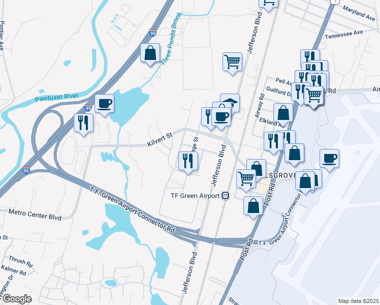 map of restaurants, bars, coffee shops, grocery stores, and more near 145 Cottage Street in Warwick