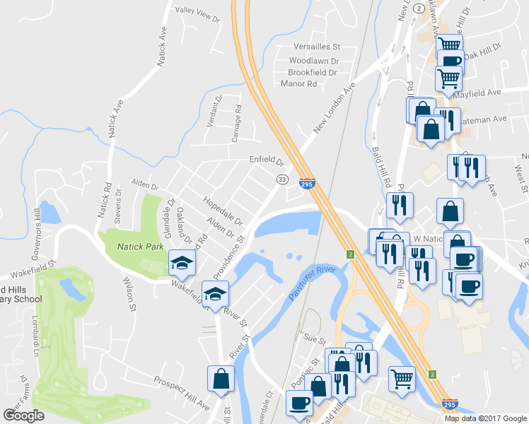 map of restaurants, bars, coffee shops, grocery stores, and more near 921 Providence Street in West Warwick