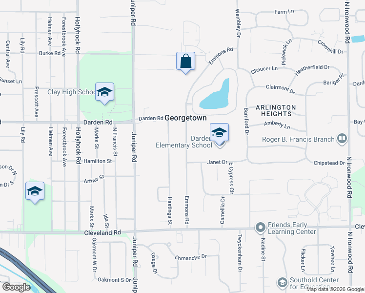 map of restaurants, bars, coffee shops, grocery stores, and more near 52649 Emmons Road in South Bend