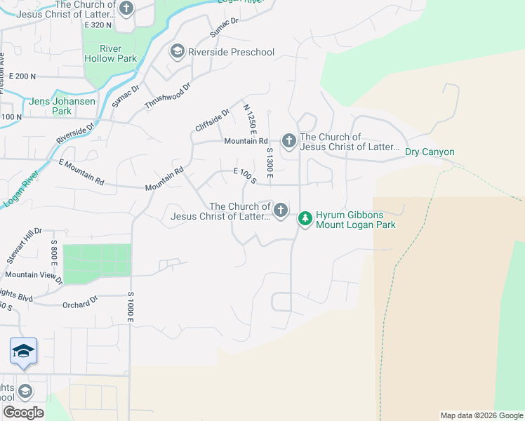 map of restaurants, bars, coffee shops, grocery stores, and more near 1279 Eastridge Drive in Logan