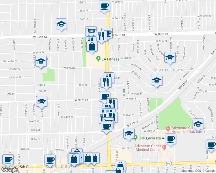 map of restaurants, bars, coffee shops, grocery stores, and more near 9001 South Cicero Avenue in Oak Lawn