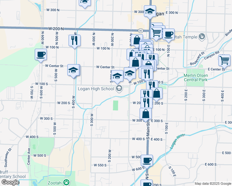 map of restaurants, bars, coffee shops, grocery stores, and more near 162 West 100 South in Logan