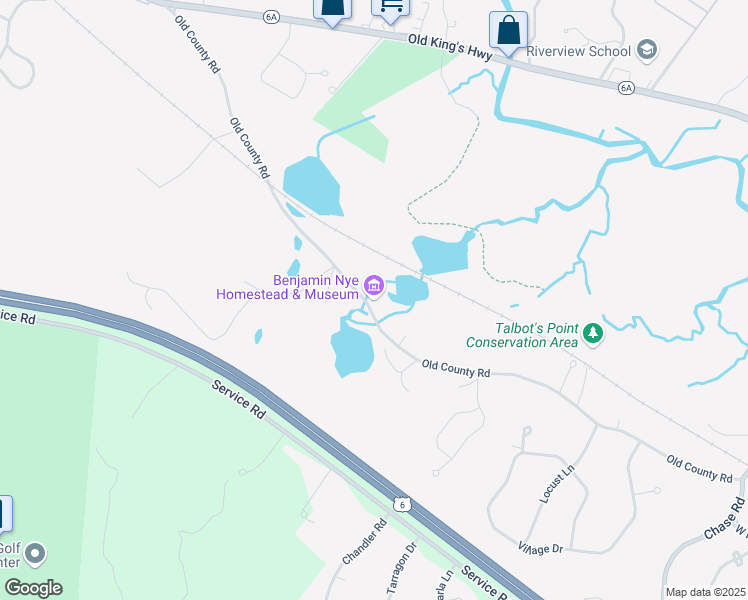 map of restaurants, bars, coffee shops, grocery stores, and more near 85 Old County Road in Sandwich