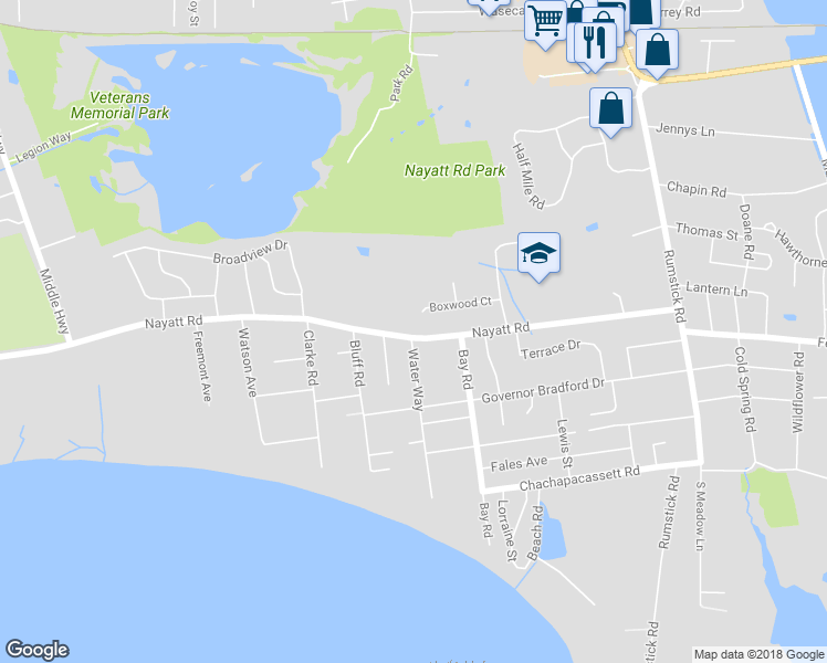 map of restaurants, bars, coffee shops, grocery stores, and more near 348 Nayatt Road in Barrington