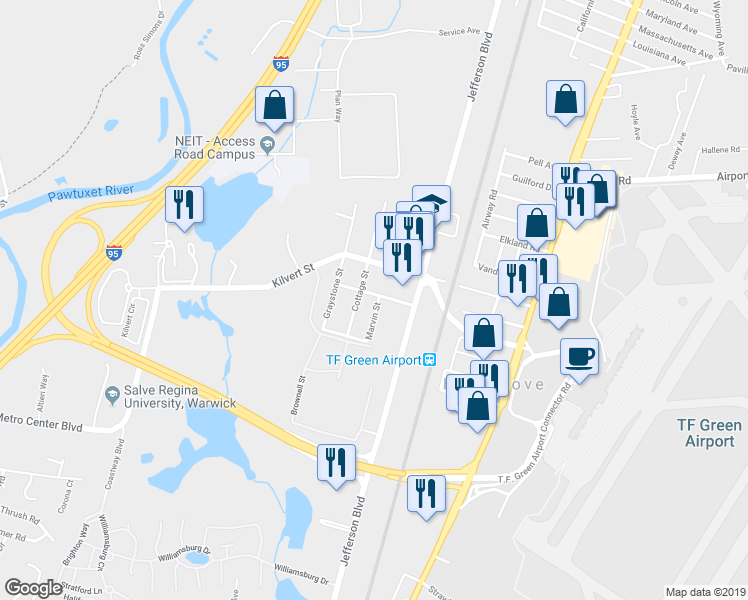 map of restaurants, bars, coffee shops, grocery stores, and more near 19 Marvin Street in Warwick