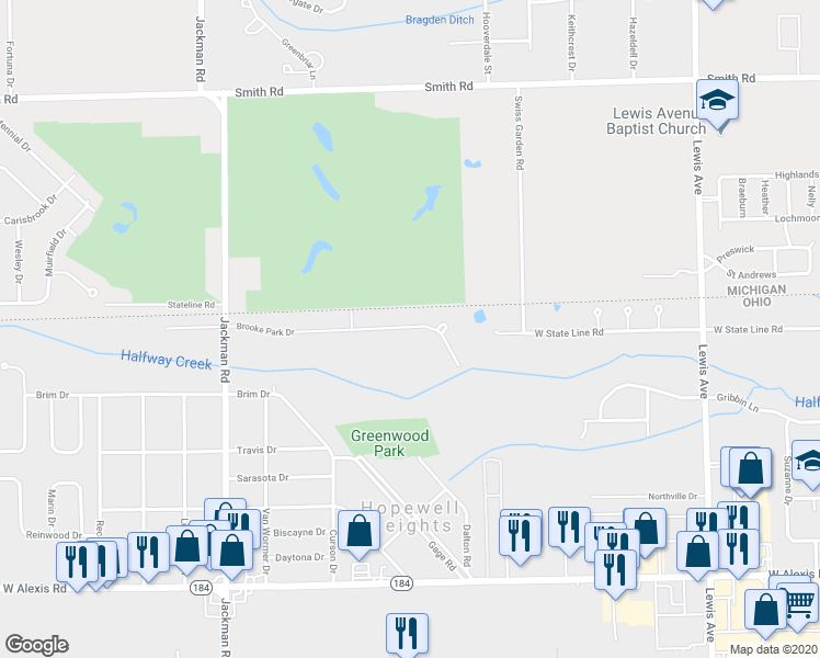 map of restaurants, bars, coffee shops, grocery stores, and more near 1411 Brooke Park Drive in Toledo