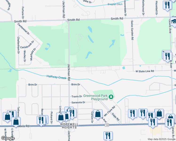 map of restaurants, bars, coffee shops, grocery stores, and more near 1521 Brooke Park Drive in Toledo