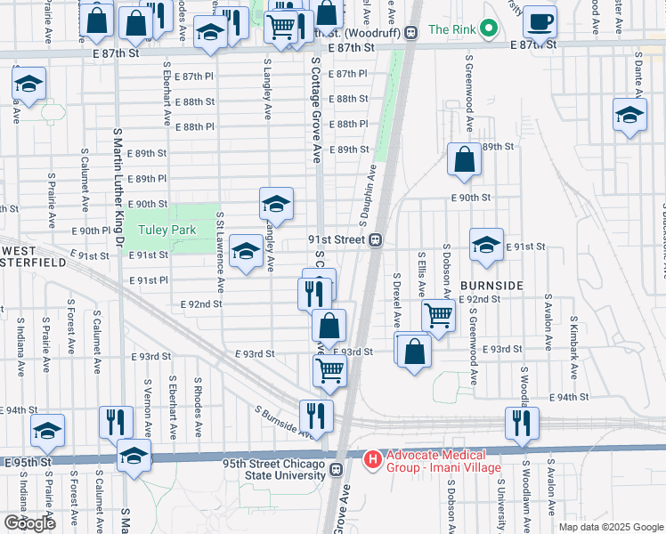 map of restaurants, bars, coffee shops, grocery stores, and more near 9121 South Cottage Grove Avenue in Chicago
