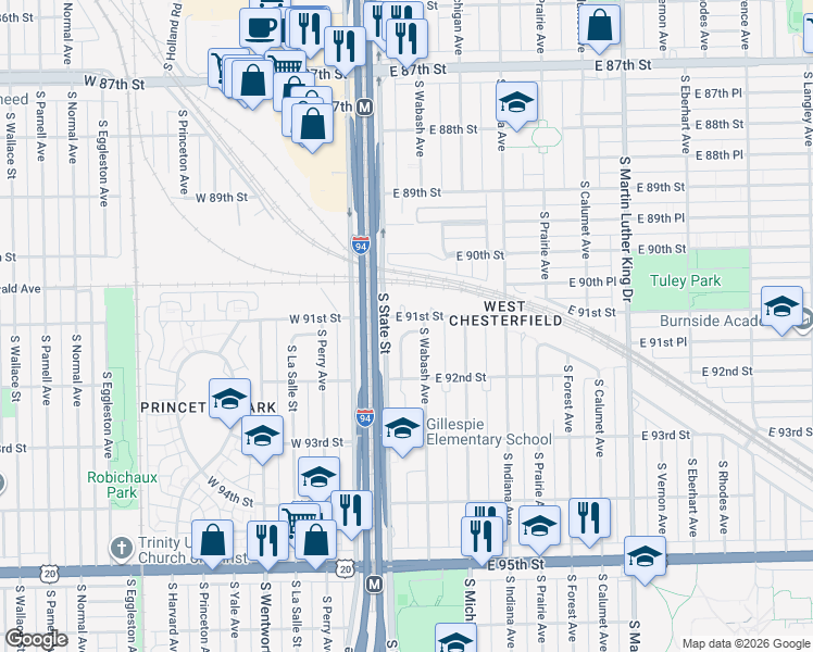 map of restaurants, bars, coffee shops, grocery stores, and more near 9101 South Urban Avenue in Chicago