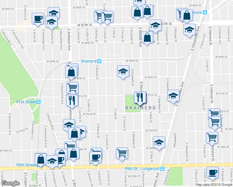 map of restaurants, bars, coffee shops, grocery stores, and more near 9100 South Ada Street in Chicago