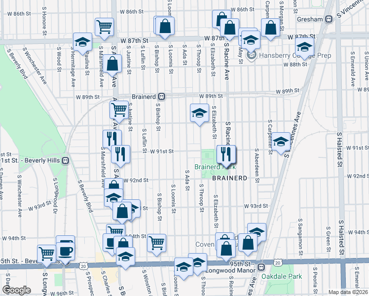 map of restaurants, bars, coffee shops, grocery stores, and more near 9100 South Ada Street in Chicago