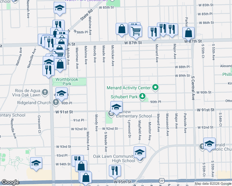 map of restaurants, bars, coffee shops, grocery stores, and more near 9006 Austin Avenue in Oak Lawn